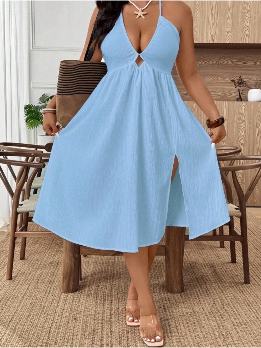 Light Blue Backless Spaghetti Strap Midi Dress